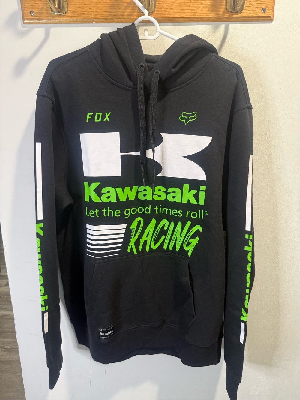 Fox Kawasaki Black Hoodie with Neon Green Racing Graphics